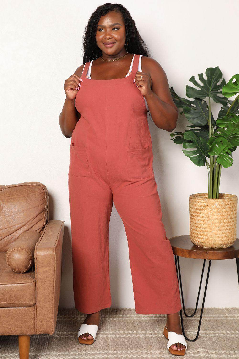 Perfee Wide Leg Overalls with Front Pockets for Women