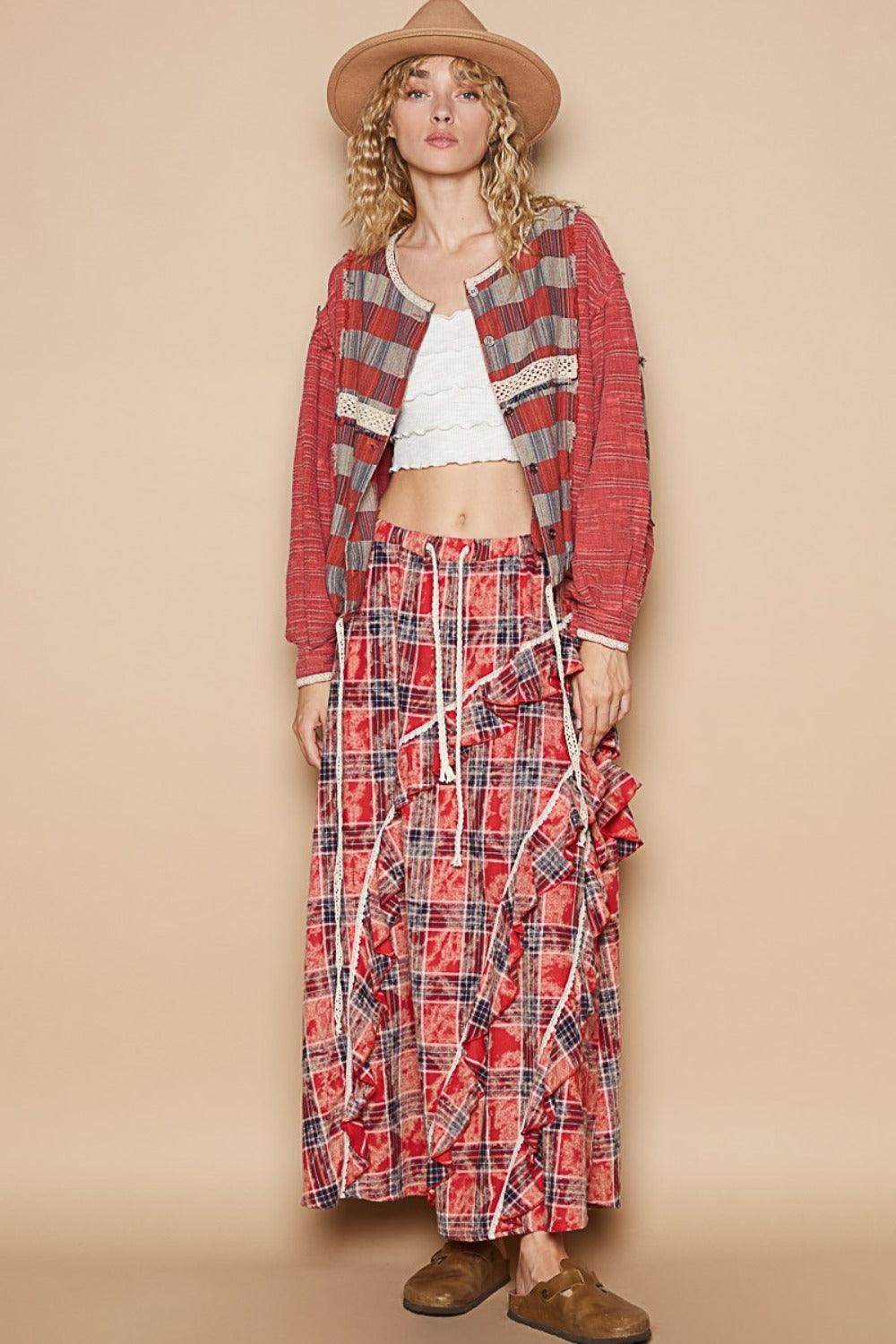 POL Round Neck Long Sleeve Plaid Shirt for Women Casual