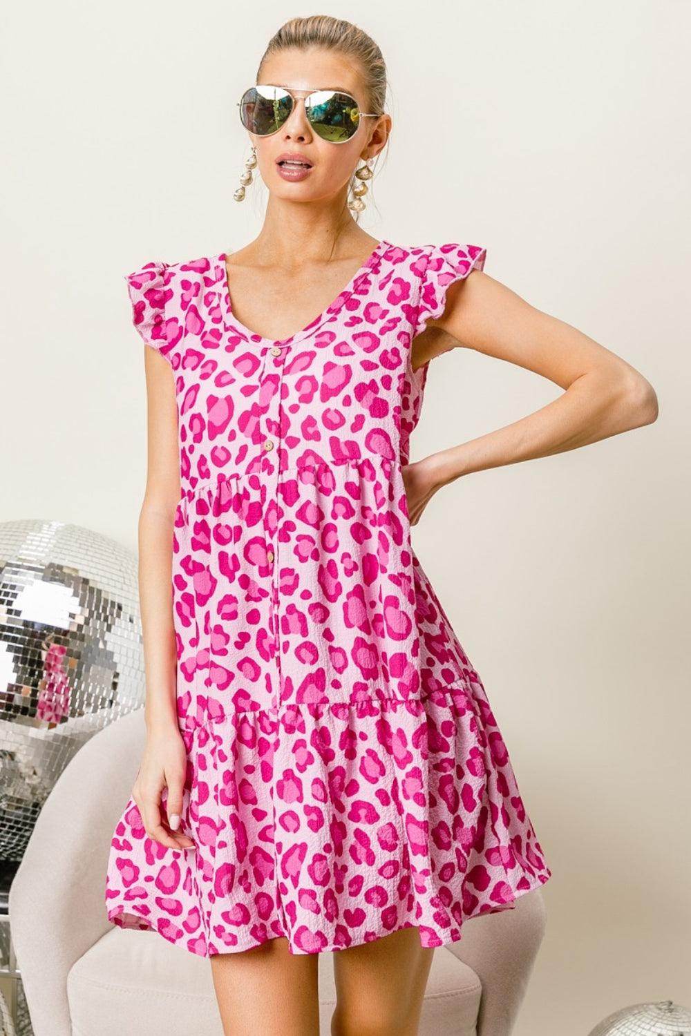 BiBi Leopard Cap Sleeve Tiered Mini Dress for Stylish Looks
