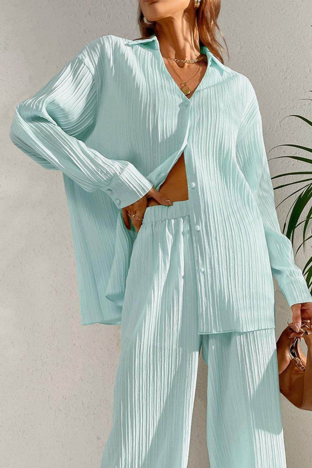 Johnny Collar Button Down Top and Pants Set for Women