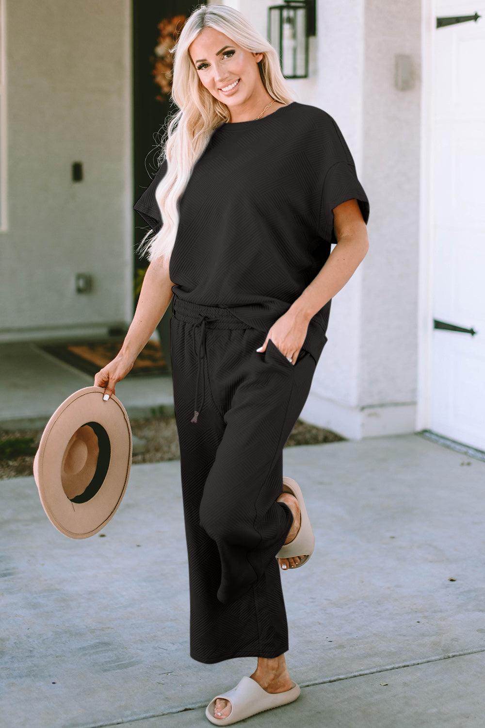 Double Take Full Size Texture Top and Pants Set for Women