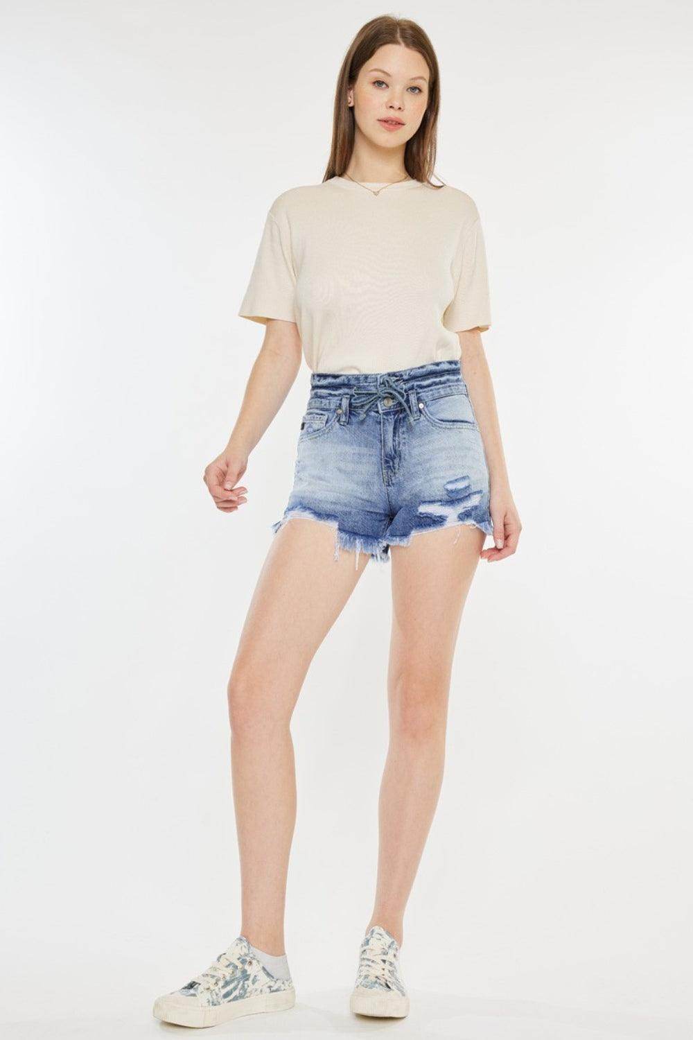 Kancan High Rise Frayed Hem Denim Shorts for Women