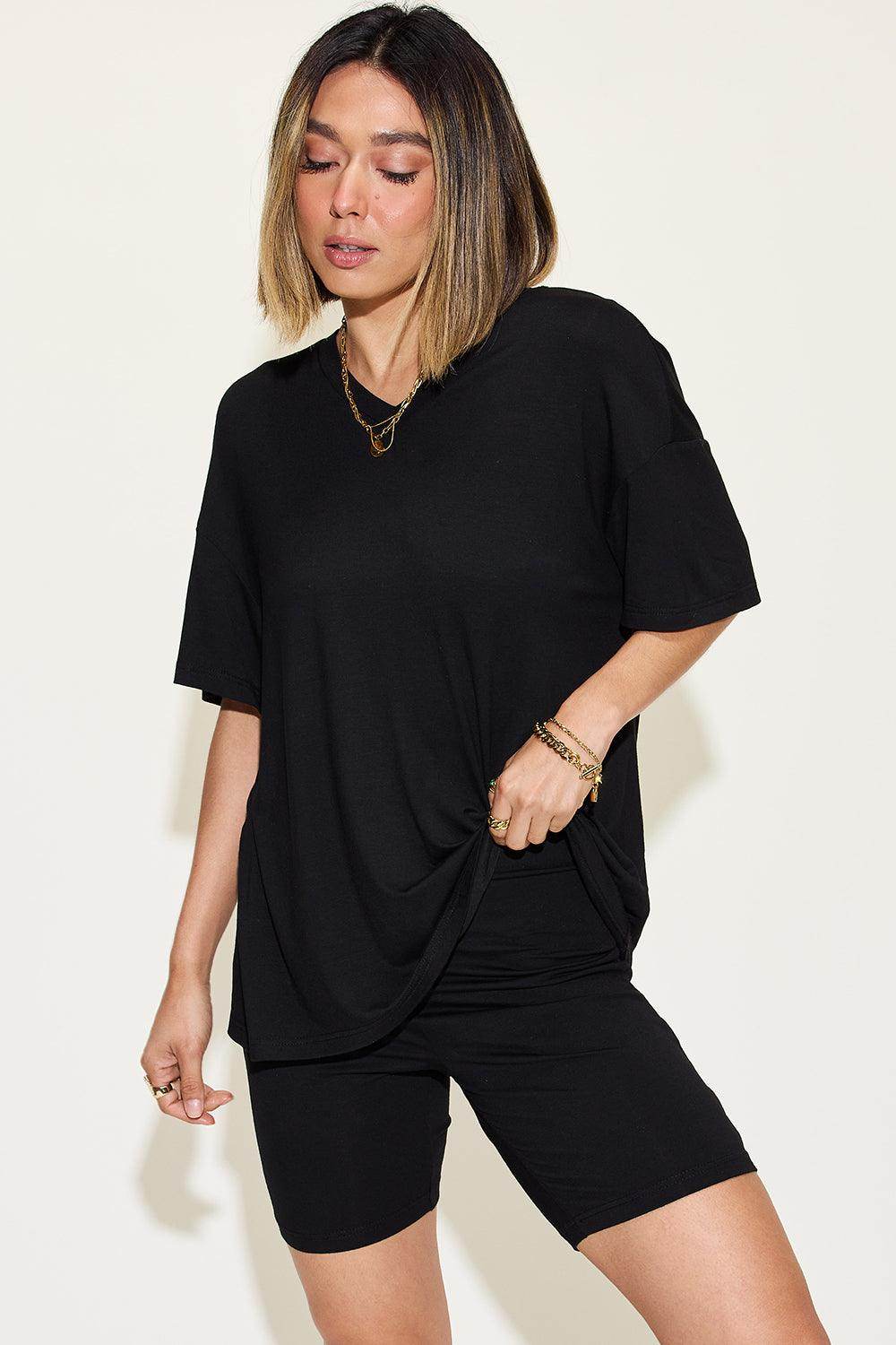 Basic Bae Full Size V-Neck Drop Shoulder T-Shirt Set