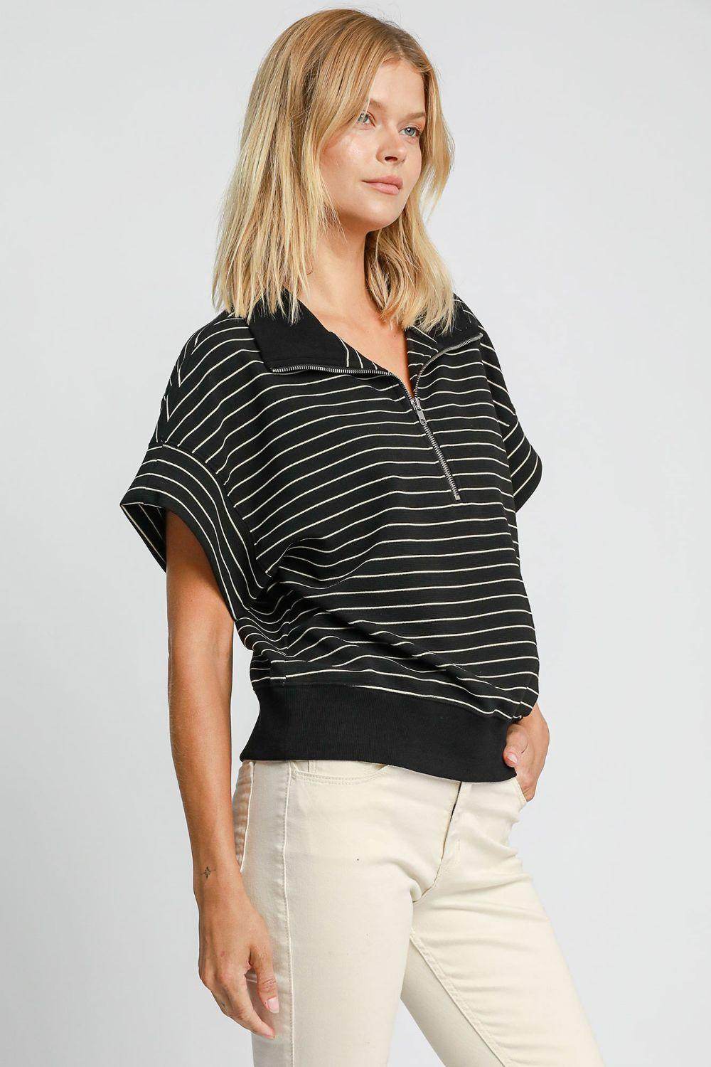 Umgee Striped Half Zip Short Sleeve Sweatshirt for Women