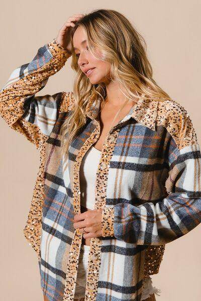 BiBi Curved Hem Sequin Plaid Button Up Shacket Chic Style