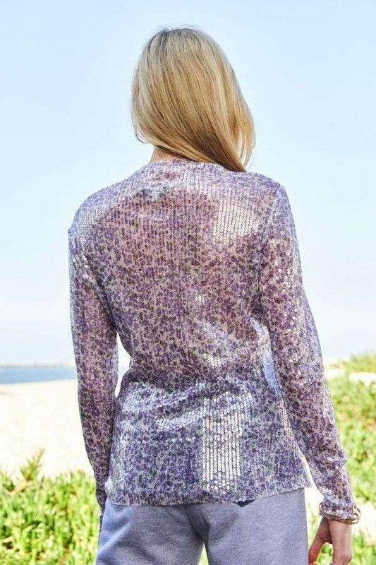 Davi & Dani Sequin Mock Neck Long Sleeve Mesh Top Chic