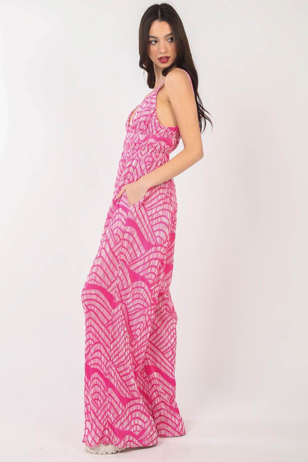 Very J Printed Pleated Sleeveless Wide Leg Jumpsuit