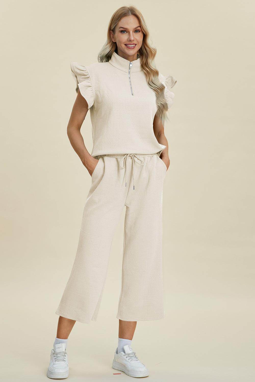 Double Take Full Size Texture Ruffle Top and Pants Set