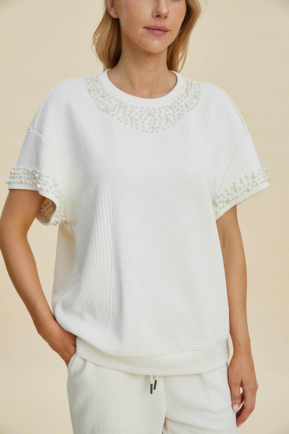 Double Take Full Size Pearl Detail Round Neck Top Pants Set