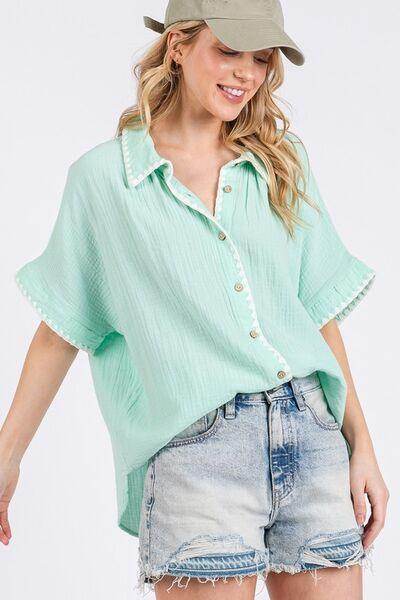 SAGE+FIG Boho Contrast Zigzag Trim Button-Up Shirt