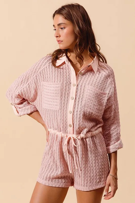 SO ME Textured Knit Button Front Romper