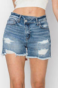RISEN Stepped Waist Frayed Denim Shorts for Women