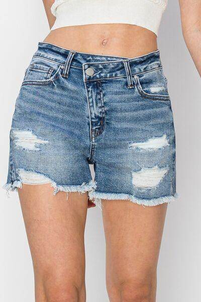 RISEN Stepped Waist Frayed Denim Shorts for Women