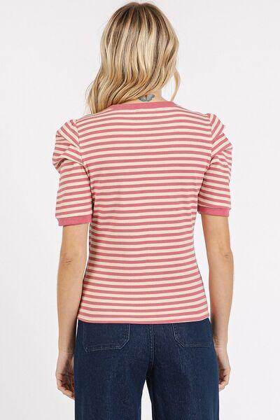 Mittoshop Striped Round Neck Puff Sleeve T-Shirt for Women