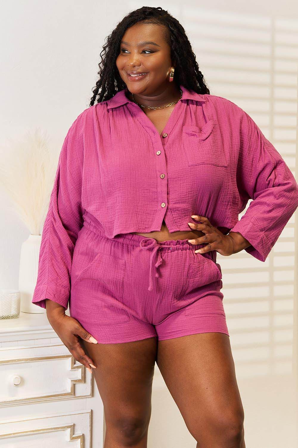 Basic Bae Buttoned Long Sleeve Top and Shorts Set for Summer