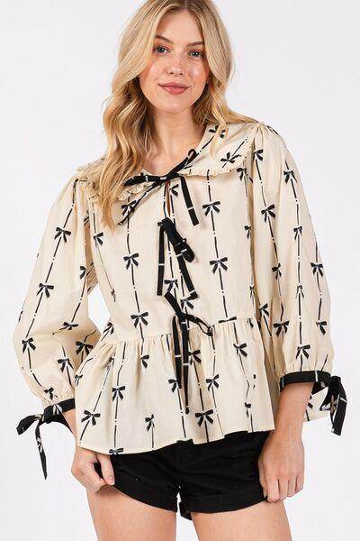 SAGE + FIG Bow Print Tie Front Babydoll Blouse for Women