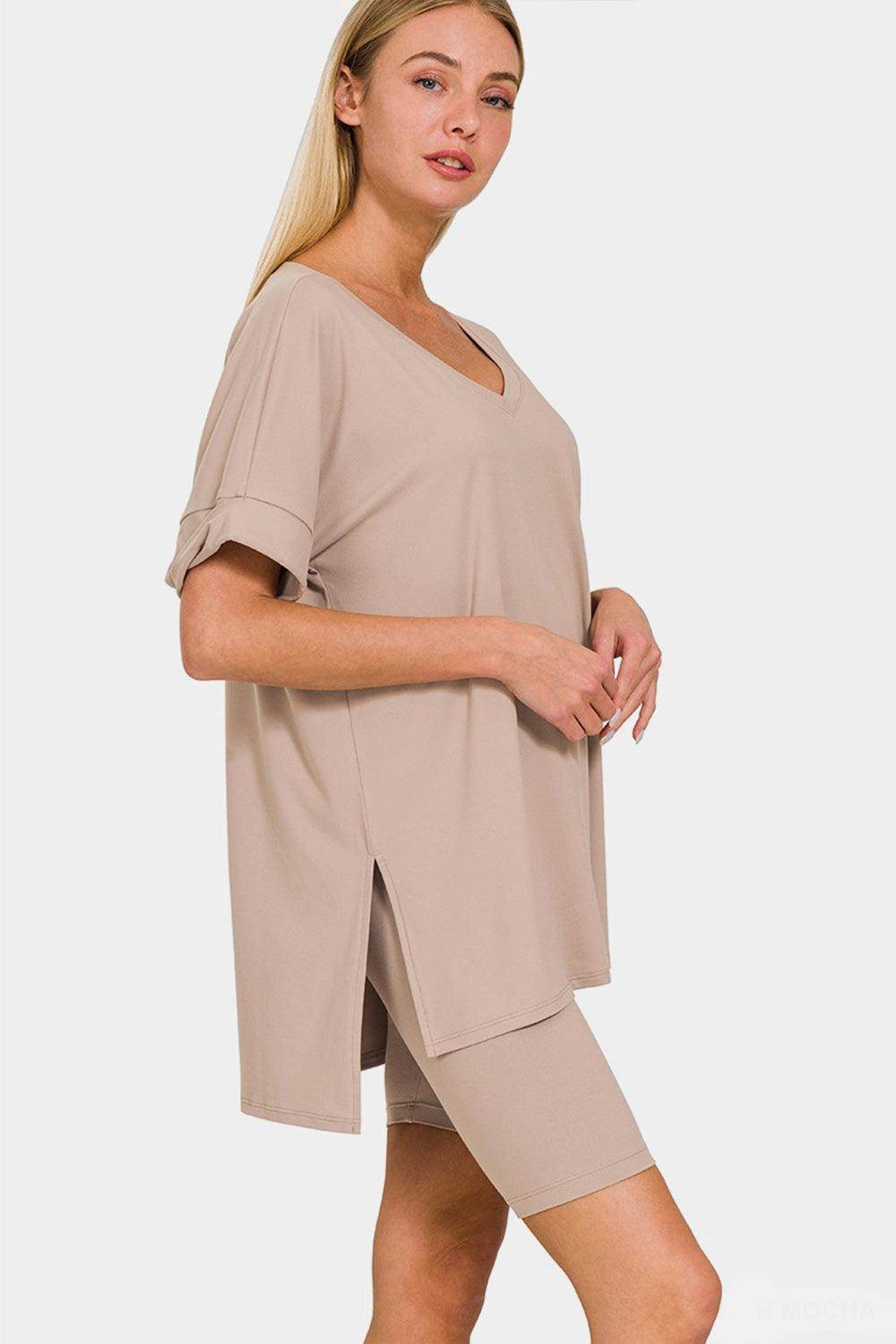 Zenana Full Size V-Neck Short Sleeve Slit T-Shirt Set