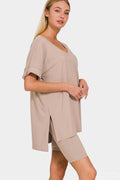 Zenana Full Size V-Neck Short Sleeve Slit T-Shirt Set