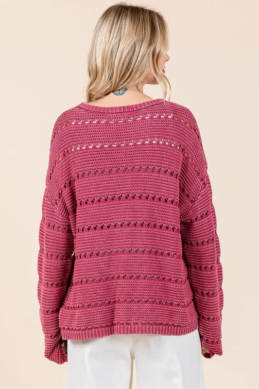 Mittoshop Openwork Round Neck Drop Shoulder Sweater