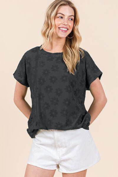 BOMBOM Textured Floral Pattern Short Sleeve T-Shirt for Women