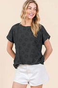 BOMBOM Textured Floral Pattern Short Sleeve T-Shirt for Women
