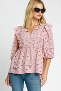 Umgee Full Size Ruffled Bow Print Tie Neck Peplum Blouse Plus Size