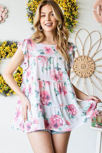 Heimish Full Size Butterfly Short Sleeve Floral Tiered Top