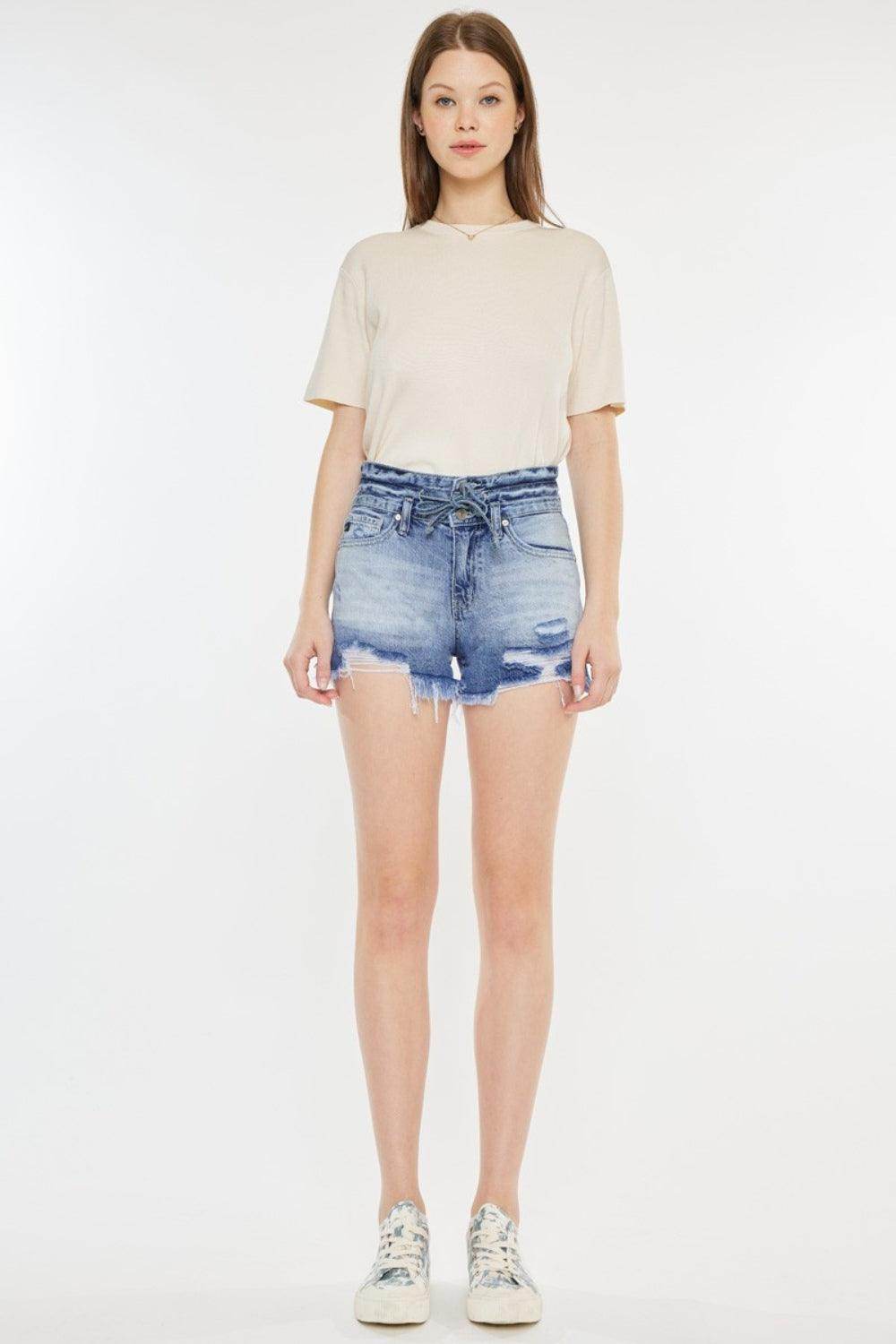 Kancan High Rise Frayed Hem Denim Shorts for Women