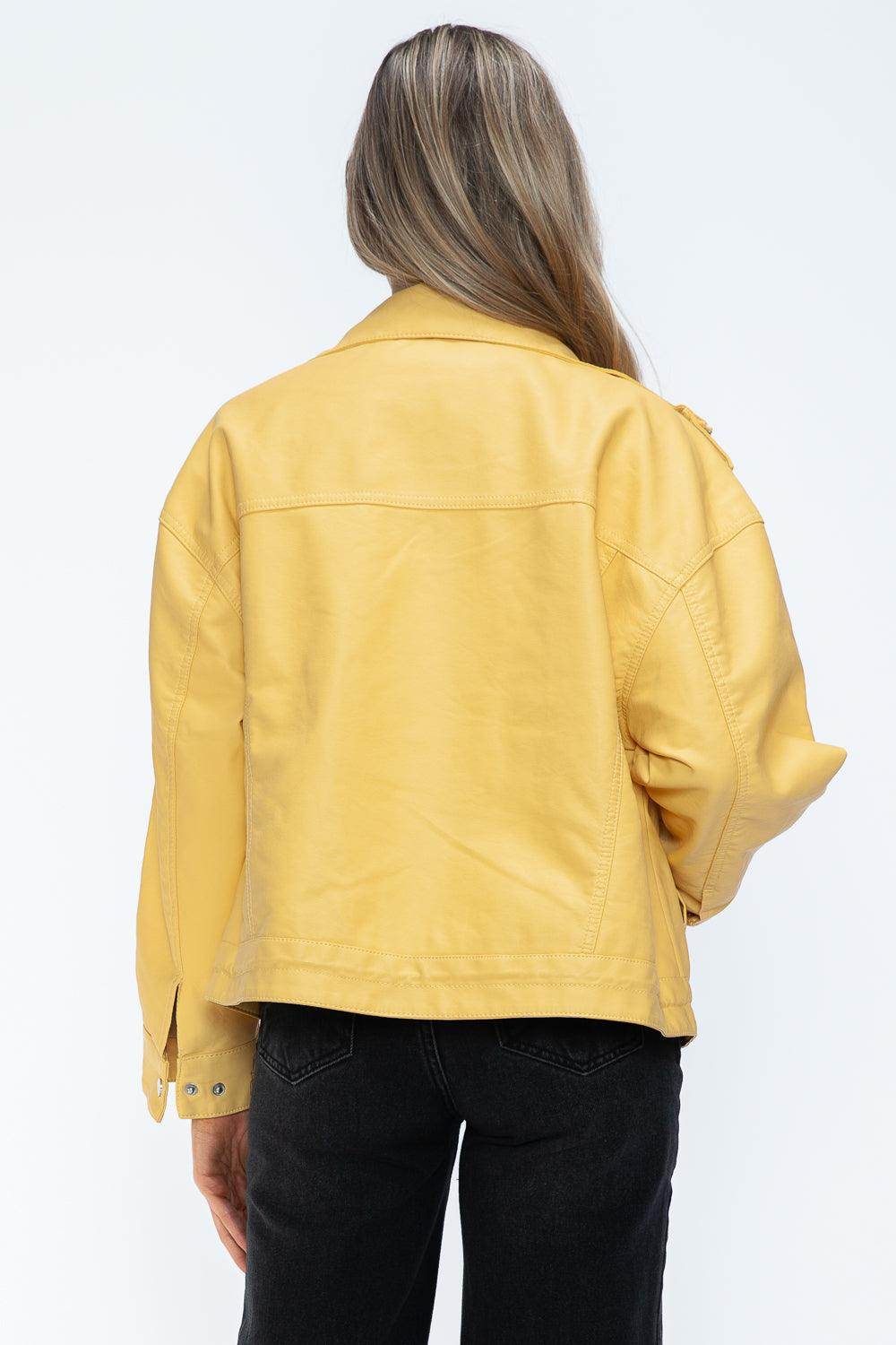 How Dare U Drawstring Hem PU Leather Zip Up Jacket for Women