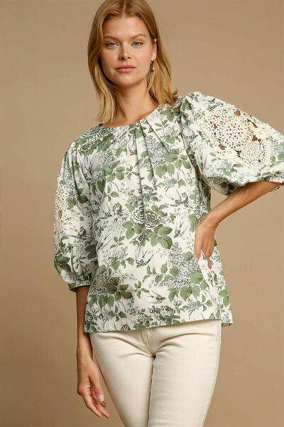 Umgee Floral Pleated Detail Lace Trim Sleeve Blouse Women