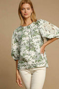 Umgee Floral Pleated Detail Lace Trim Sleeve Blouse Women
