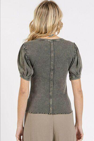 Mittoshop Mineral Wash Puff Sleeve Rib Knit Top for Women
