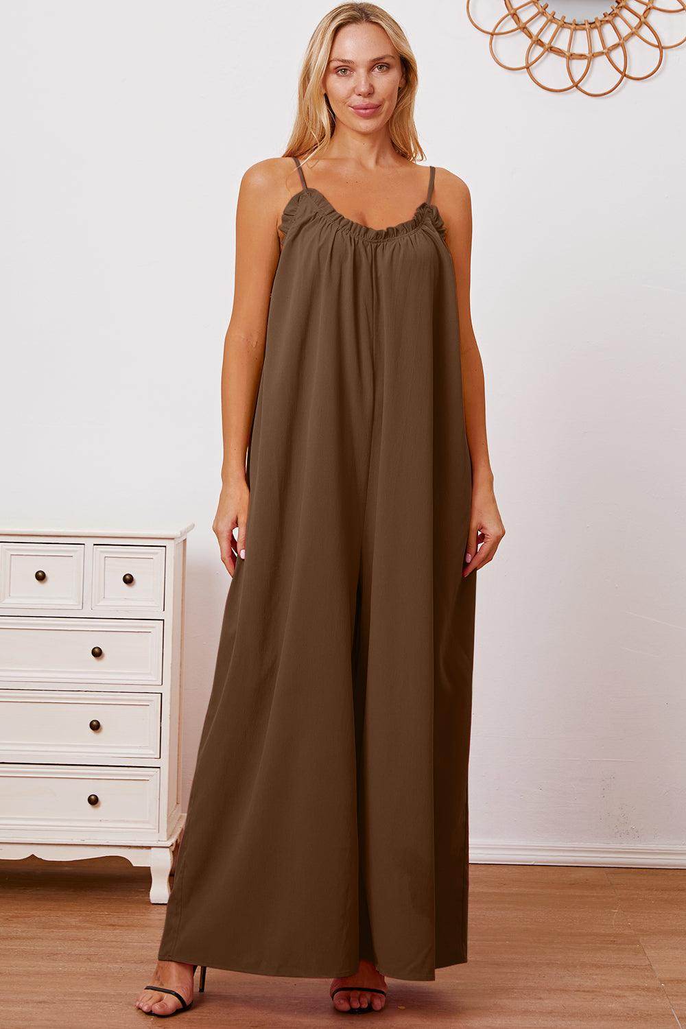 Double Take Full Size Ruffle Trim Tie Back Cami Jumpsuit