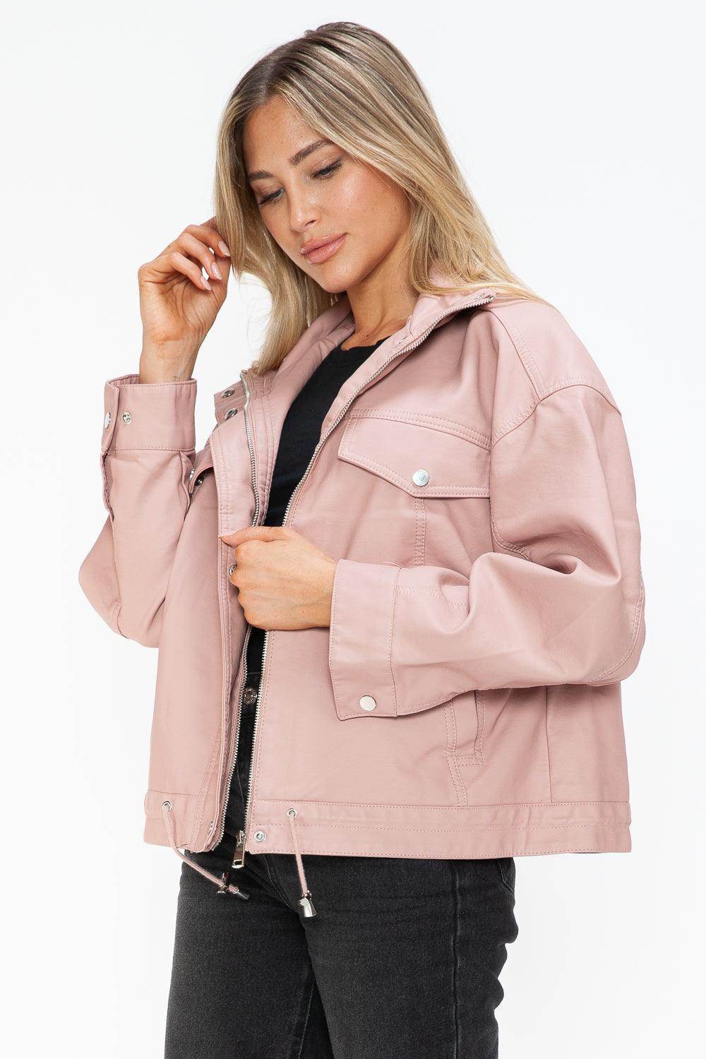 How Dare U Drawstring Hem PU Leather Zip Up Jacket for Women