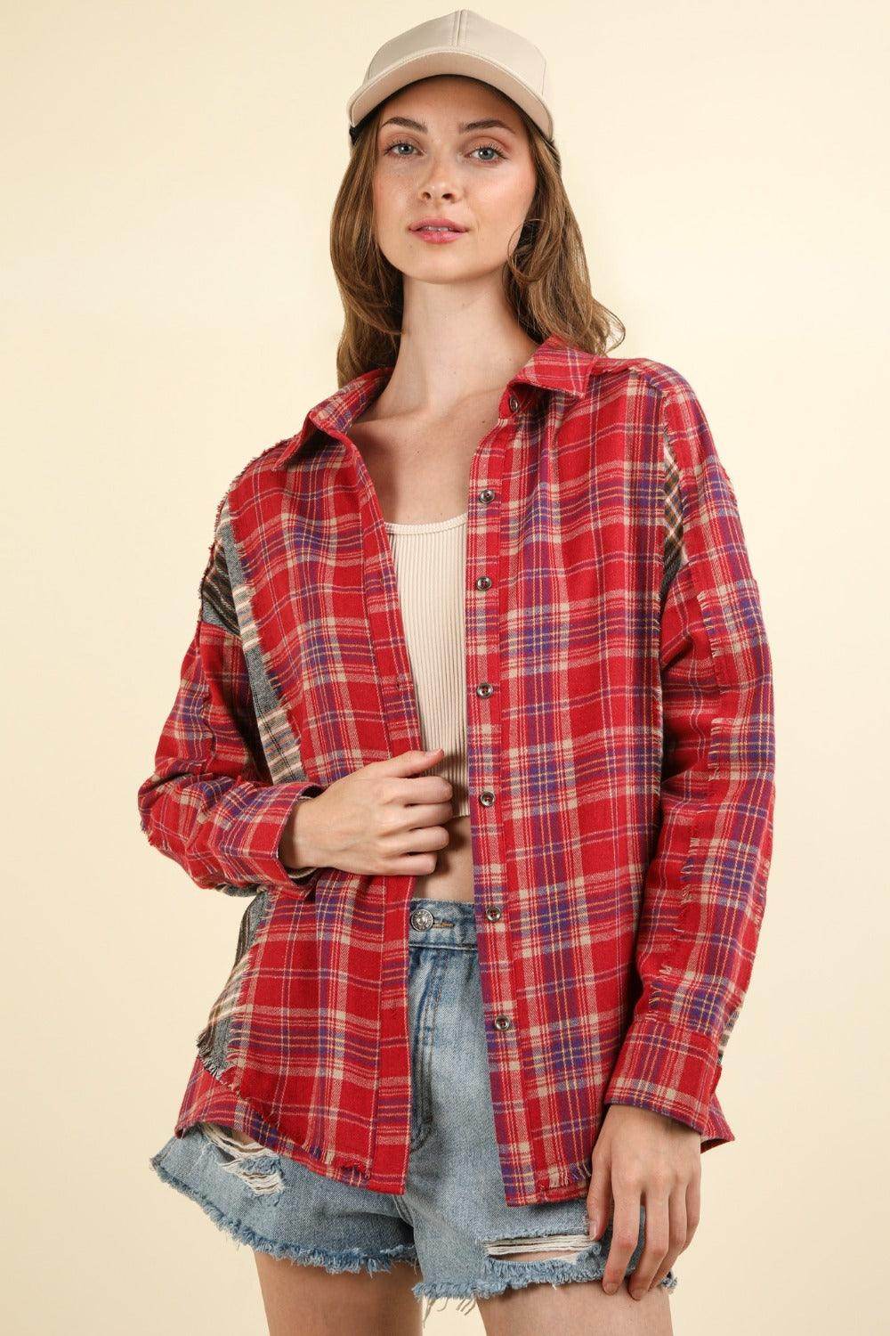 Very J Contrast Plaid Raw Detail Shirt for Casual Chic