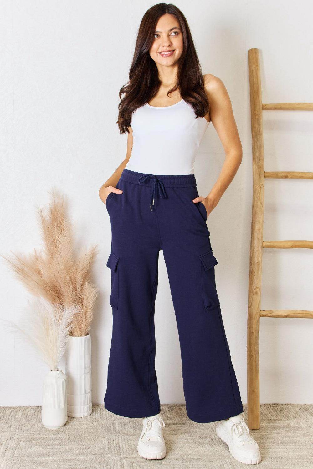 RISEN Drawstring Relaxed Cargo Wide Leg Pants for Women
