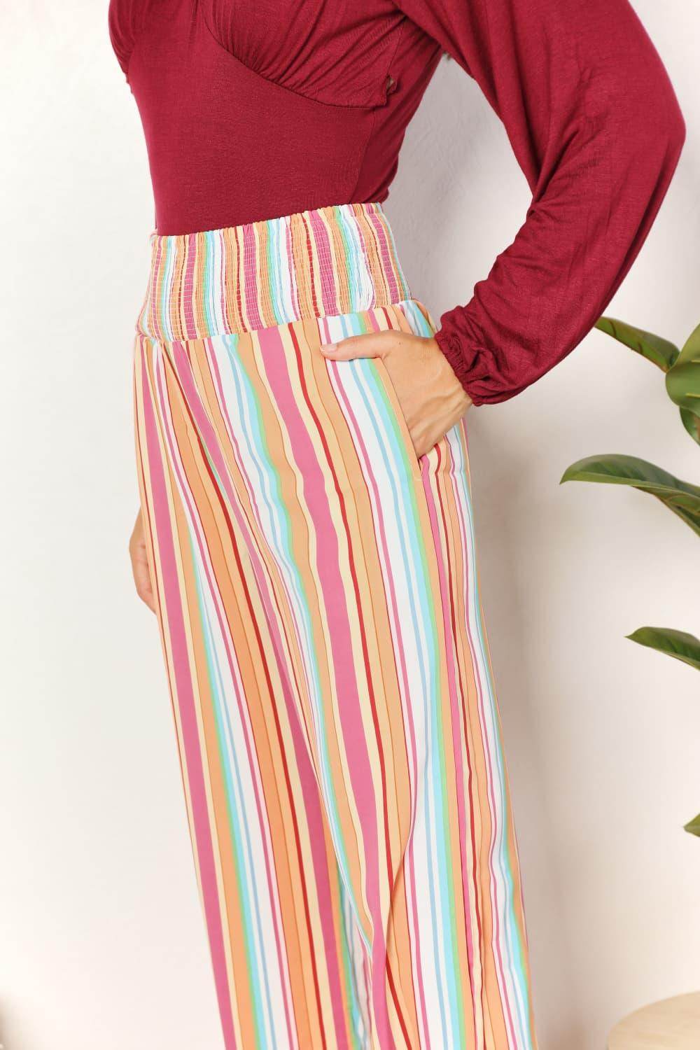 Double Take Striped Smocked Waist Pants with Pockets Stylish