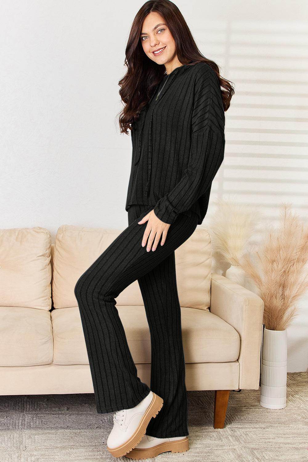 Basic Bae Full Size Ribbed Drawstring Hooded Top Set