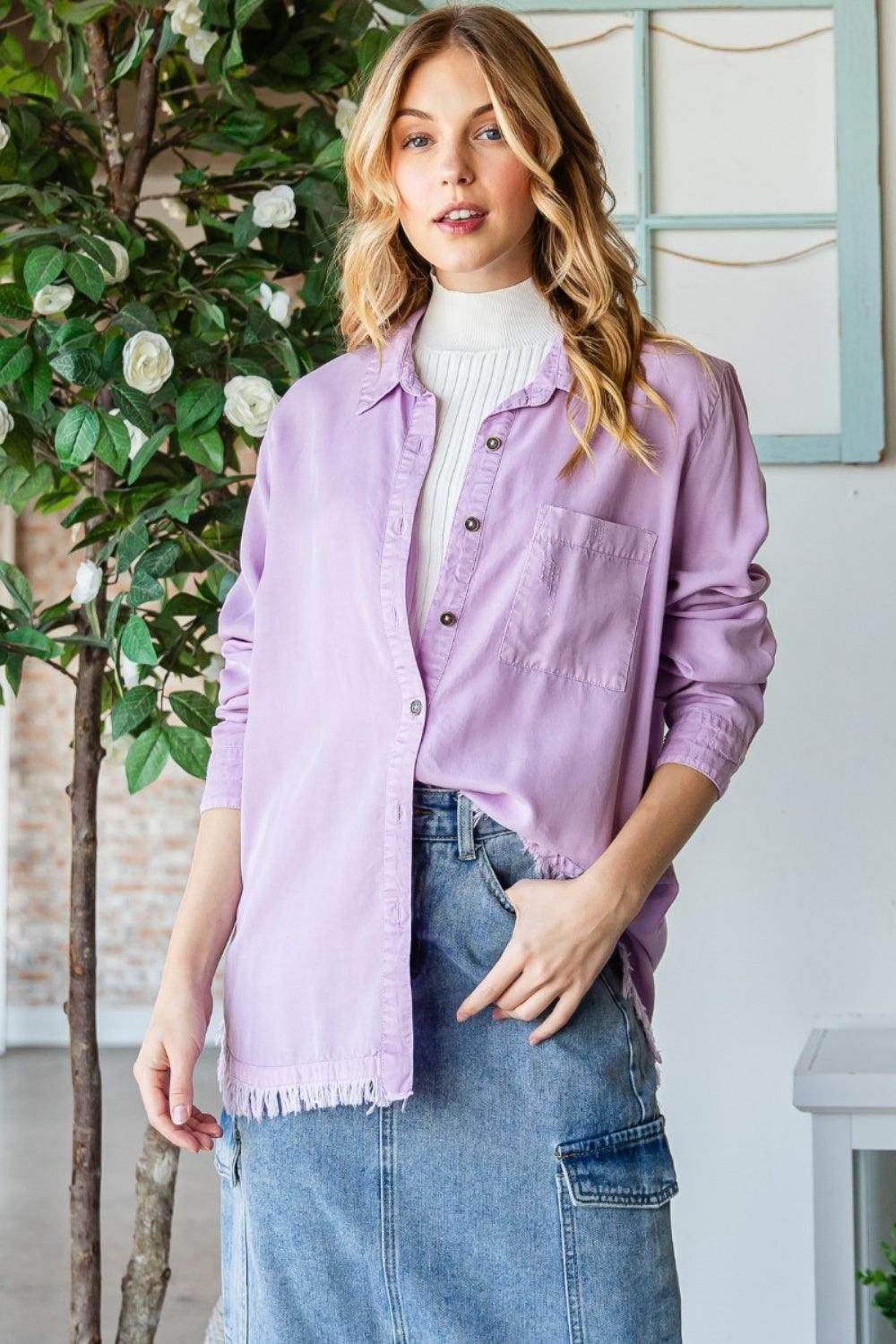 Veveret Raw Hem Button Up Long Sleeve Shirt for Women