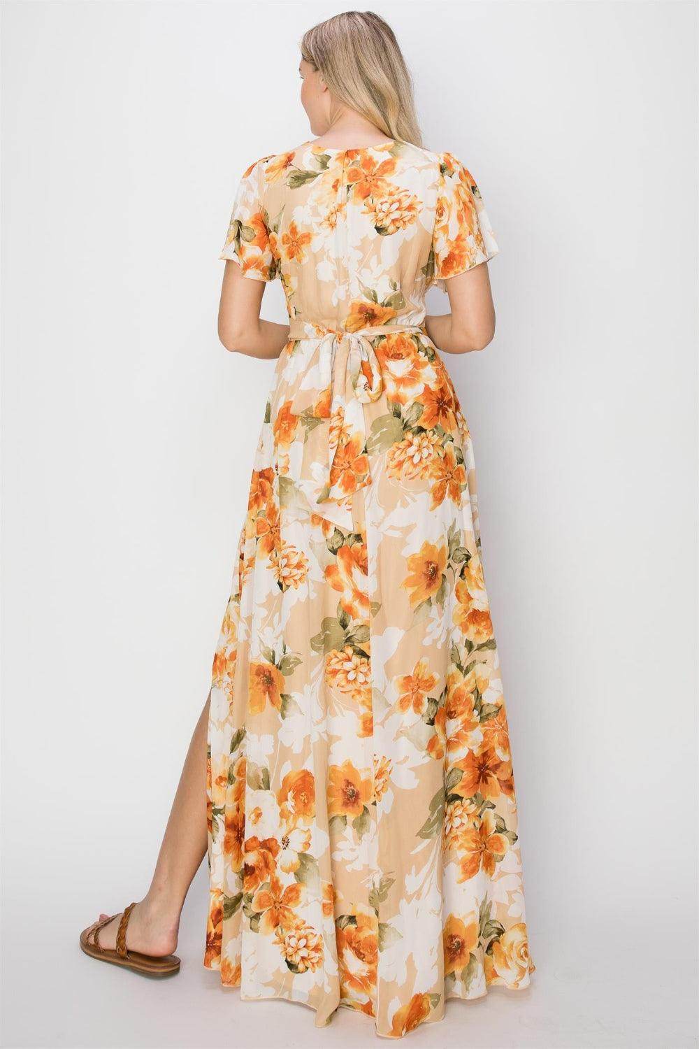 HYFVE Floral Tie Back Short Sleeve Slit Maxi Dress for Women
