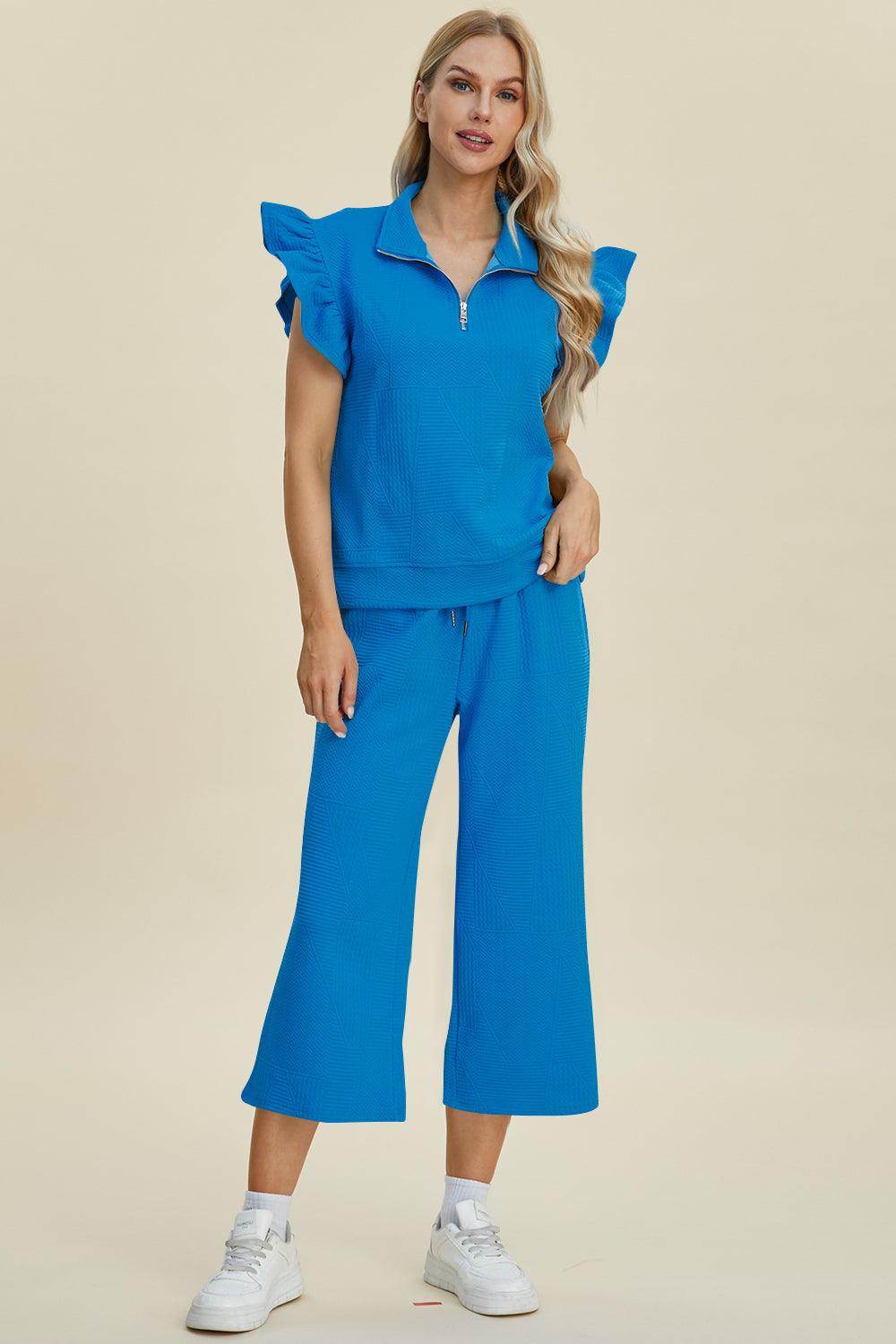 Double Take Full Size Texture Ruffle Top and Pants Set