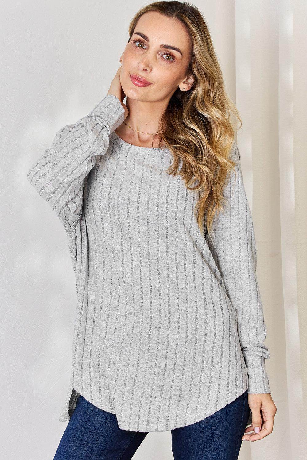 Basic Bae Full Size Ribbed Round Neck Slit T-Shirt for Women