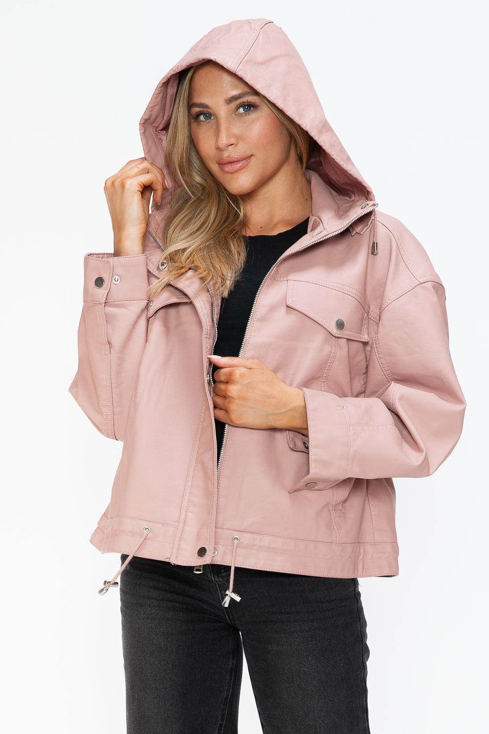 How Dare U Drawstring Hem PU Leather Zip Up Jacket for Women