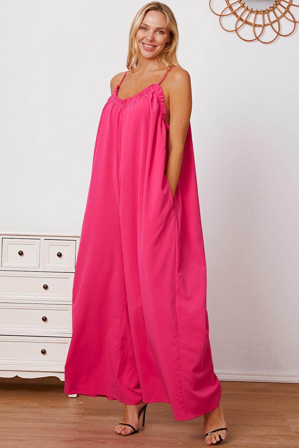 Double Take Full Size Ruffle Trim Tie Back Cami Jumpsuit