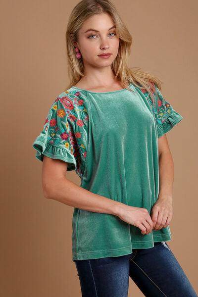 Umgee Velvet Embroidery Short Sleeve Blouse for Women