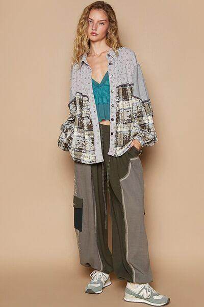 POL Balloon Sleeve Floral Color Block Plaid Shirt for Women