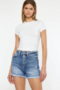 Kancan Button Fly High Rise Raw Hem Denim Shorts for Women