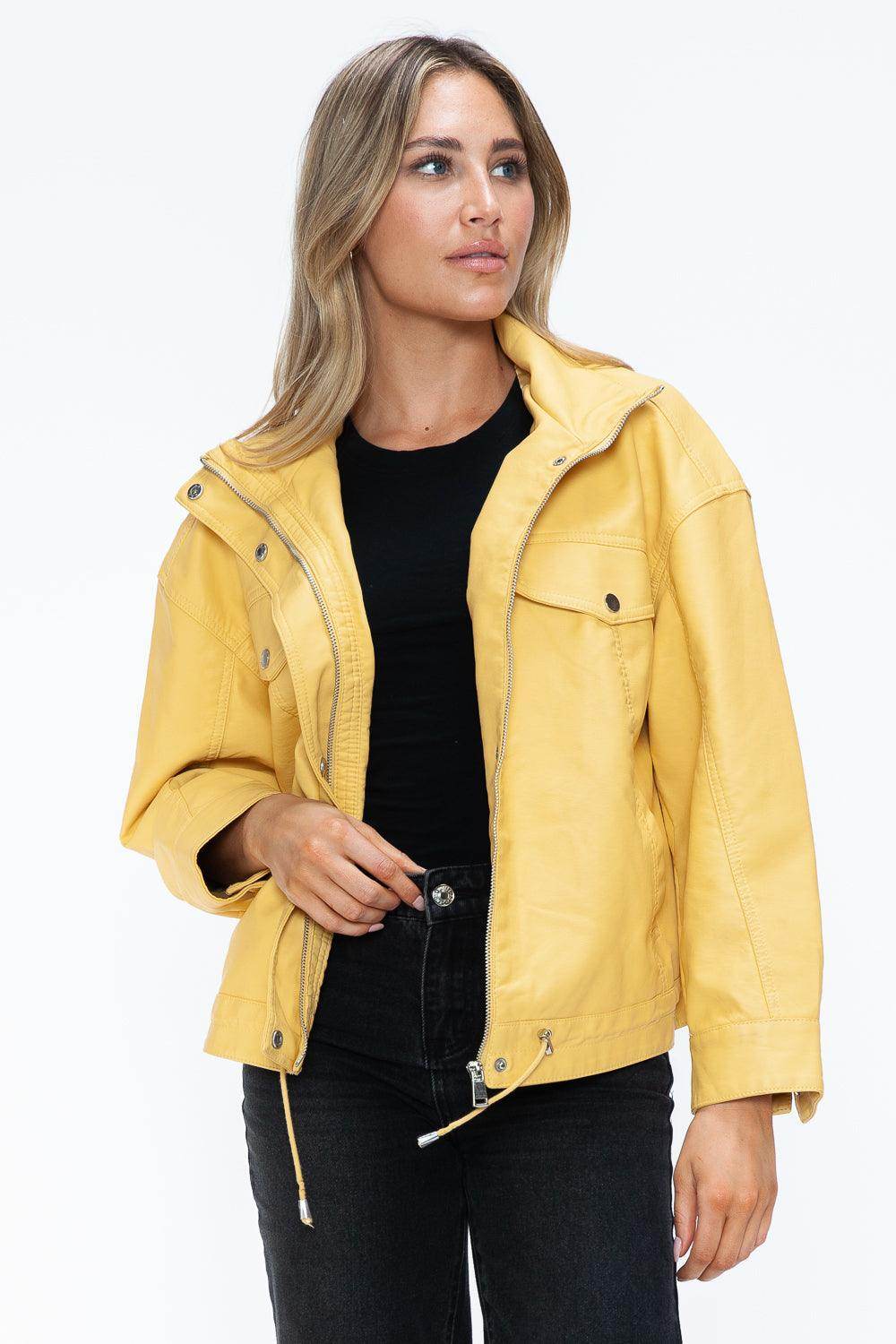 How Dare U Drawstring Hem PU Leather Zip Up Jacket for Women