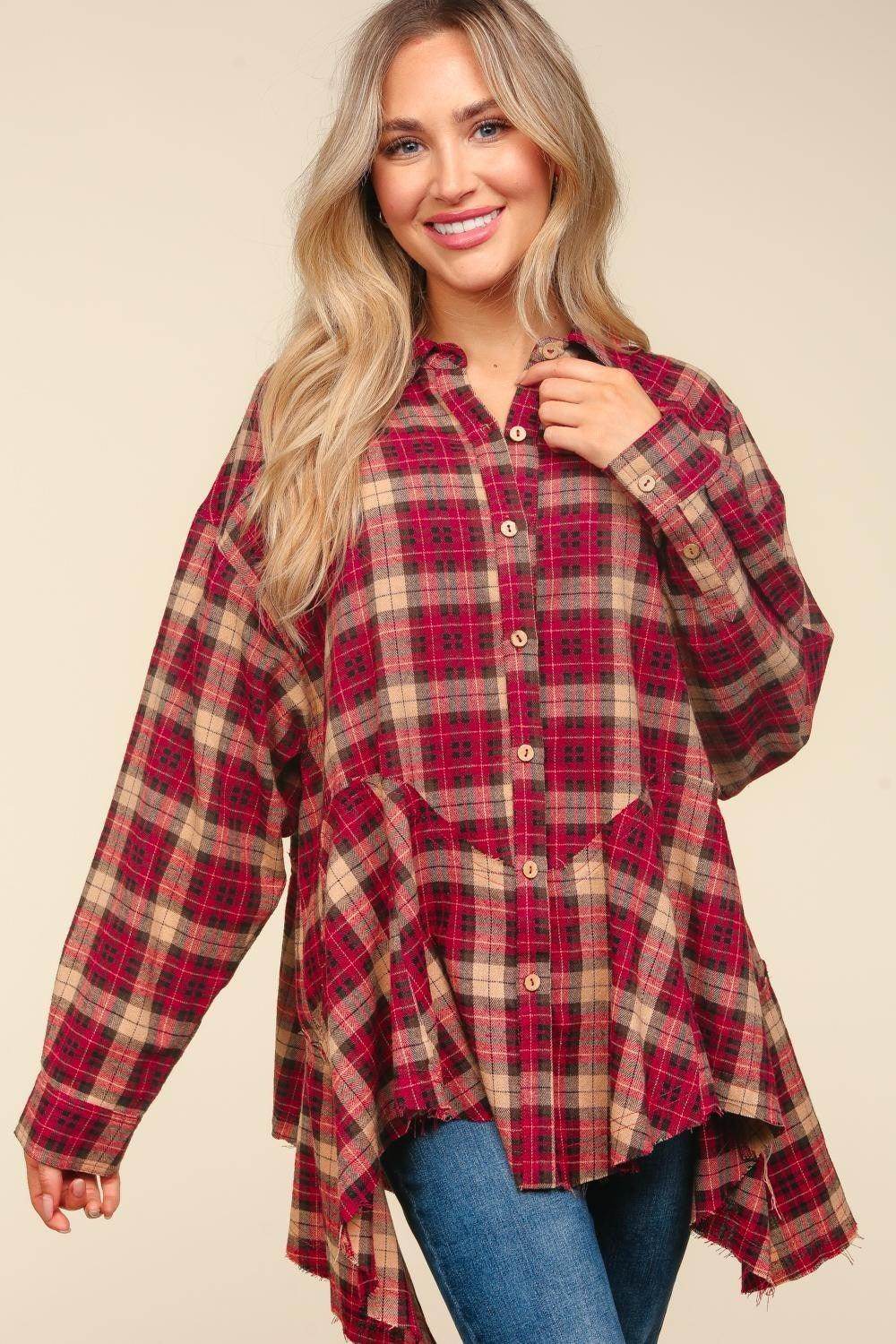 Haptics Plaid Button Down Sharkbite Shirt for Stylish Outfits