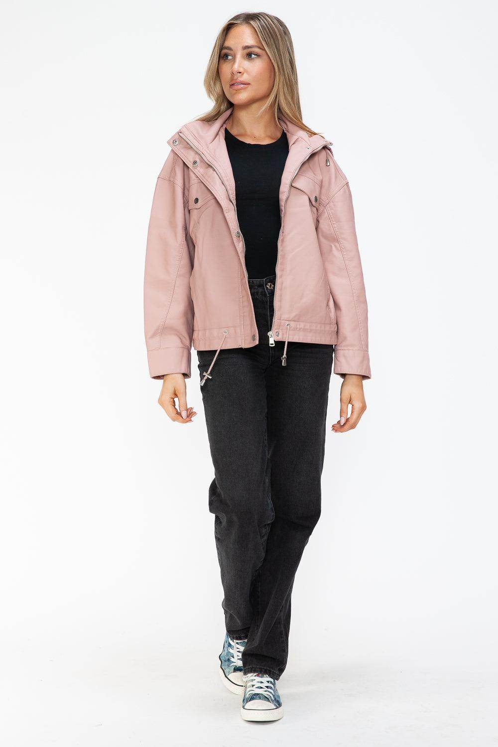 How Dare U Drawstring Hem PU Leather Zip Up Jacket for Women